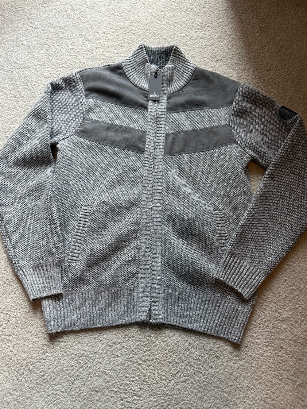 Buffalo David Bitton Gray Full-Zip Knit Sweater with Suede Panels